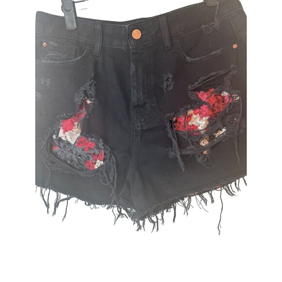 Distressed 8 Black Denim Sequin Patch Frayed Hem High-Waisted Shorts - Picture 4 of 10